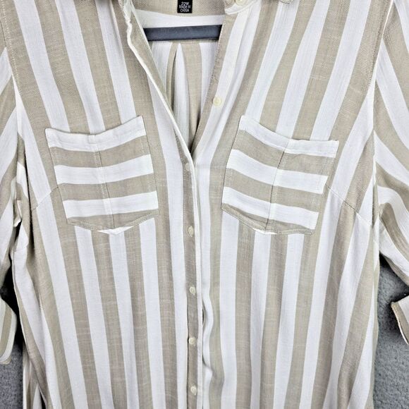 Sharagano Shirt Dress Womens 22W Taupe Ivory Button Up Pockets Stripes  Y2K - Picture 4 of 14
